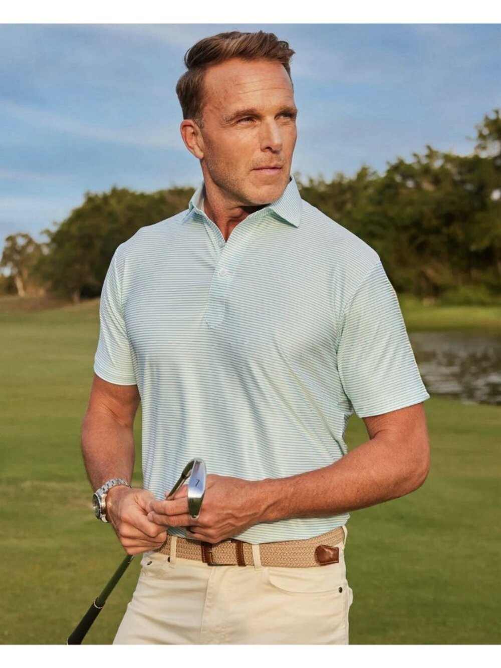 Collars & Co. Featherweight Flex Relaxed Polo Small In Augusta Green Stripe NWT